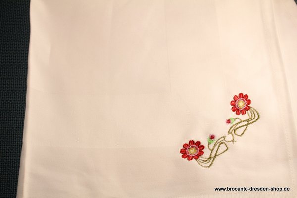Stoffservietten mit 2er Blumen bestickt, 50x50 cm Weiß Vollzwirn Baumwolle