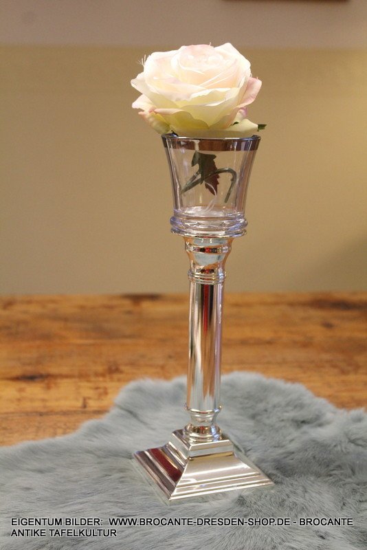 Kerzenleuchter mit Glasaufsatz für Teelicht oder Blume - Versilbert /Glas
