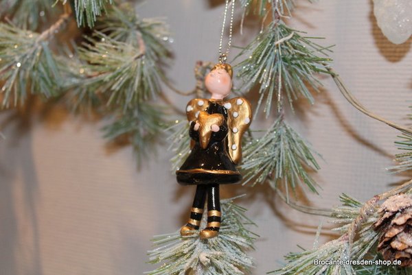 Weihnachtsdekoration Engelchen "Dotje"Schwarz-Gold zum Aufhängen mit Tanzbeinchen